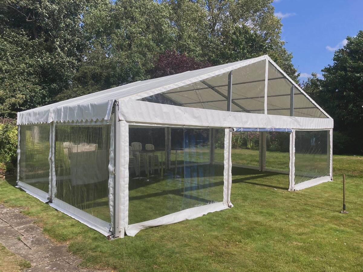9m x 6m Clearspan Marquee with Clear Gable End - 60 Guests